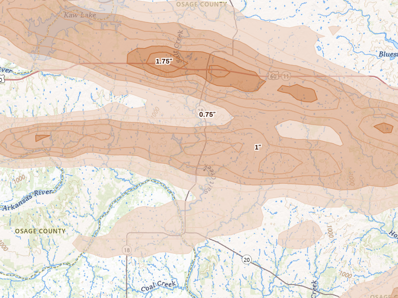 Radar-estimated hail-size map of the storm over Fairfax, OK on May 8, 2026