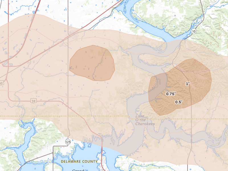 Radar-estimated hail-size map of the storm over Fairland, OK on Apr 25, 2026