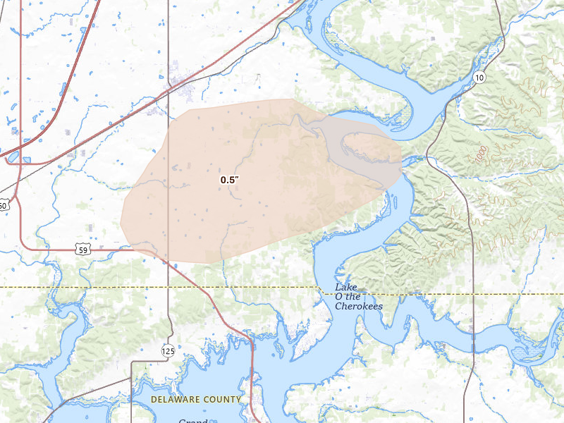 Radar-estimated hail-size map of the storm over Fairland, OK on May 4, 2026