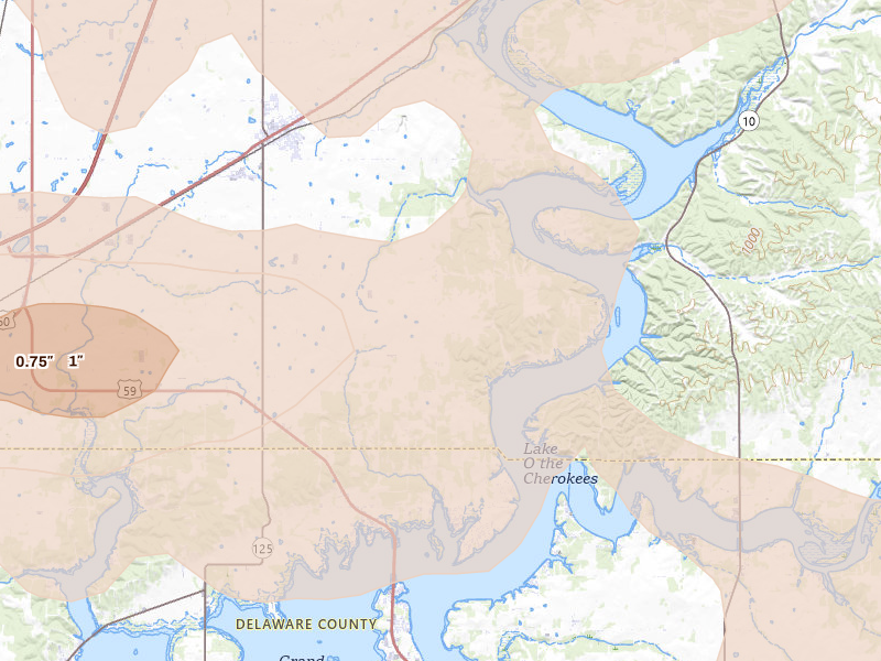 Radar-estimated hail-size map of the storm over Fairland, OK on Jun 11, 2026