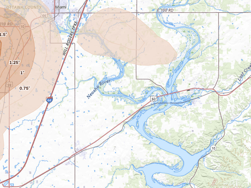 Radar-estimated hail-size map of the storm over Fairland, OK on Aug 6, 2026