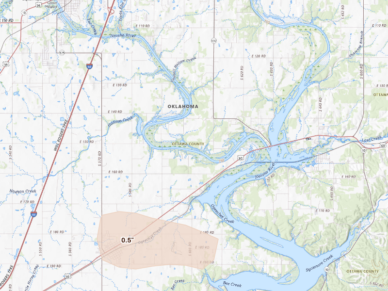 Radar-estimated hail-size map of the storm over Fairland, OK on Sep 20, 2026