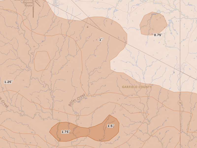 Radar-estimated hail-size map of the storm over Fairmont, OK on Apr 23, 2026