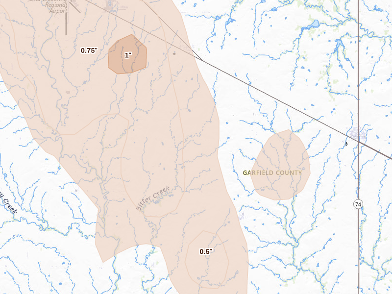 Radar-estimated hail-size map of the storm over Fairmont, OK on Jun 1, 2026