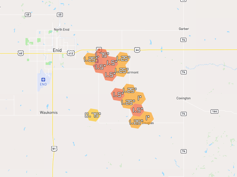 Hail map of Fairmont, OK on Jun 2, 2026, hail up to 1.75"