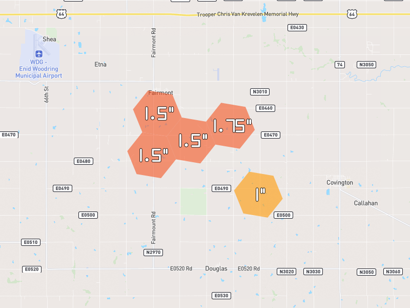 Hail map of Fairmont, OK on Jun 27, 2026, hail up to 1.75"