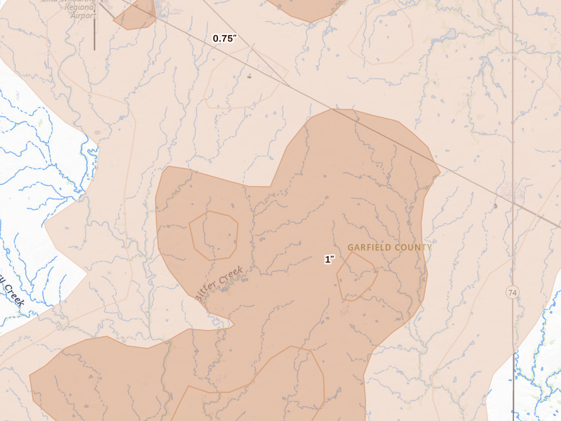 Radar-estimated hail-size map of the storm over Fairmont, OK on Jul 4, 2026
