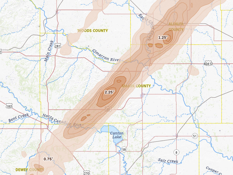 Radar-estimated hail-size map of the storm over Fairview, OK on Mar 5, 2026