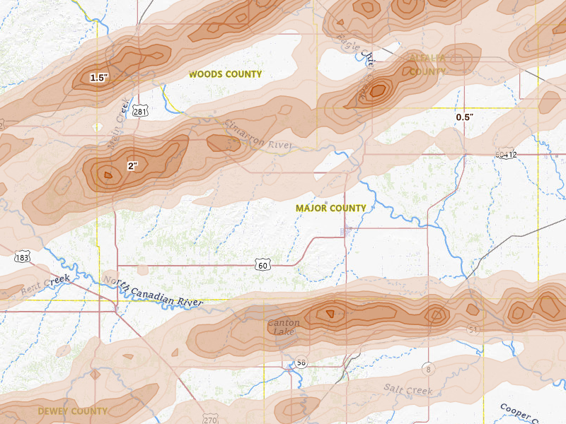Radar-estimated hail-size map of the storm over Fairview, OK on Apr 17, 2026