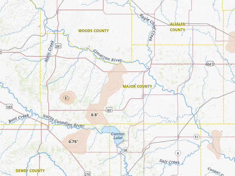 Radar-estimated hail-size map of the storm over Fairview, OK on May 22, 2026