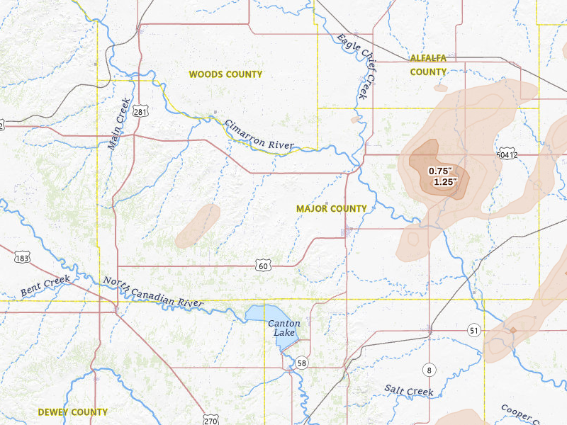 Radar-estimated hail-size map of the storm over Fairview, OK on May 29, 2026