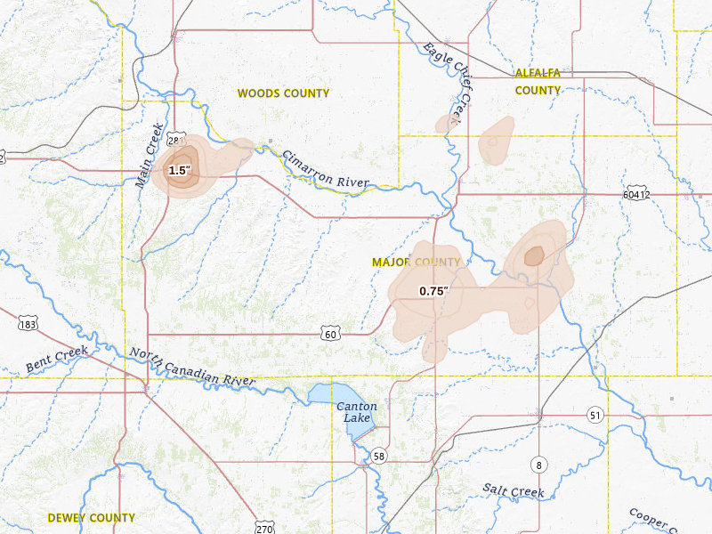 Radar-estimated hail-size map of the storm over Fairview, OK on Jun 5, 2026