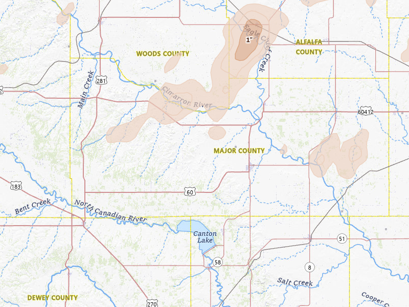 Radar-estimated hail-size map of the storm over Fairview, OK on Jun 12, 2026