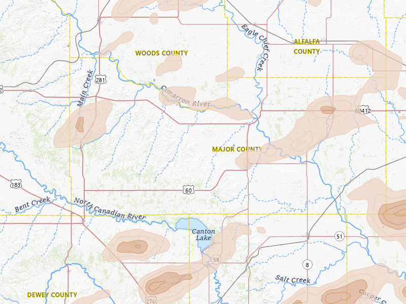 Radar-estimated hail-size map of the storm over Fairview, OK on Jun 26, 2026