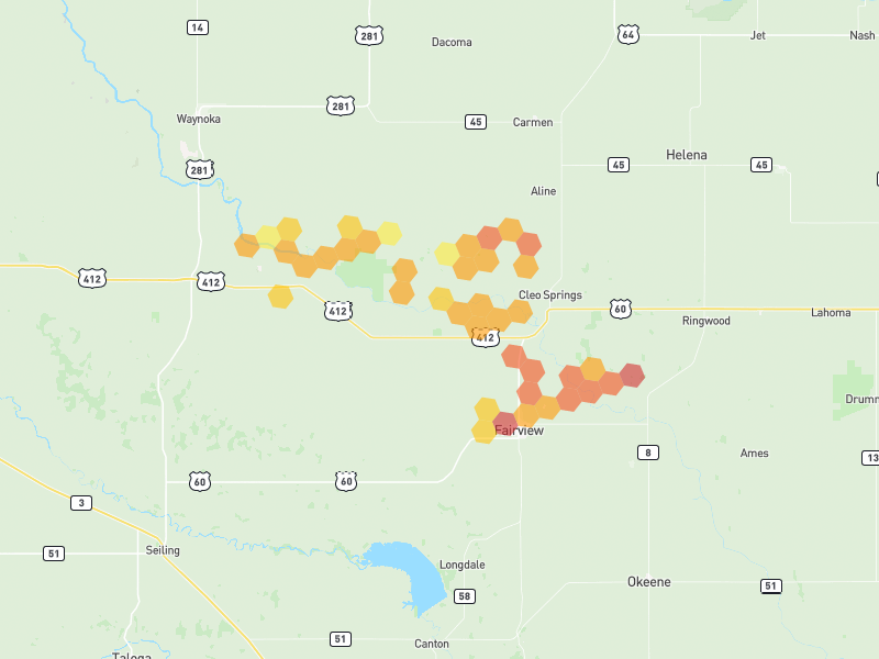 Hail map of Fairview, OK on Jun 27, 2026, hail up to 2"