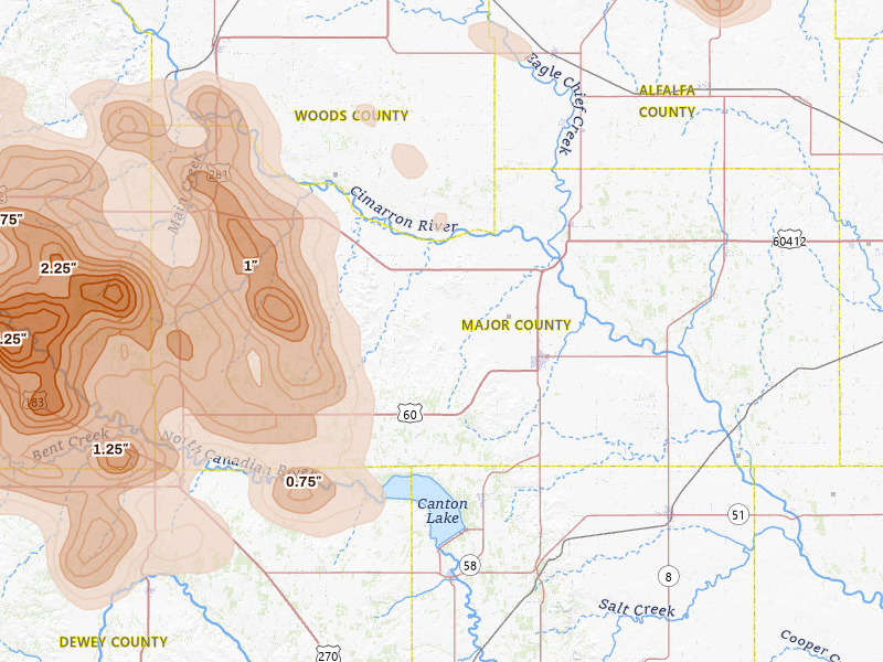 Radar-estimated hail-size map of the storm over Fairview, OK on Jul 4, 2026