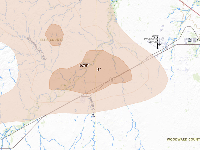 Radar-estimated hail-size map of the storm over Fargo, OK on May 9, 2026