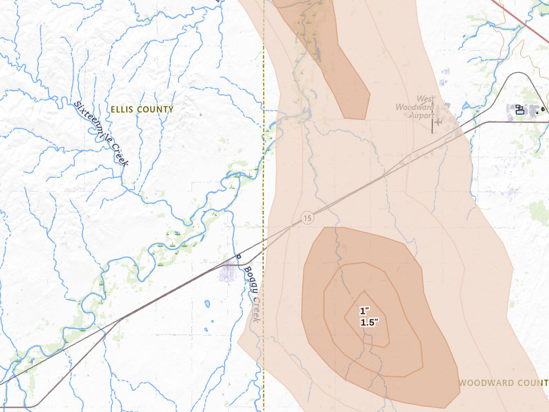Radar-estimated hail-size map of the storm over Fargo, OK