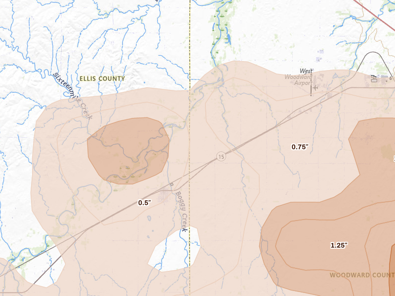 Radar-estimated hail-size map of the storm over Fargo, OK on Jul 4, 2026
