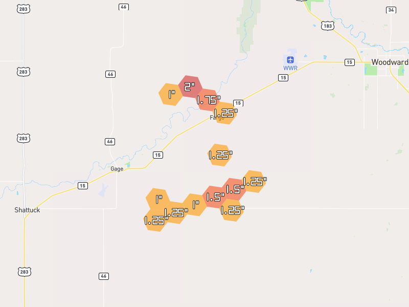 Hail map of Fargo, OK on Jul 4, 2026, hail up to 2"