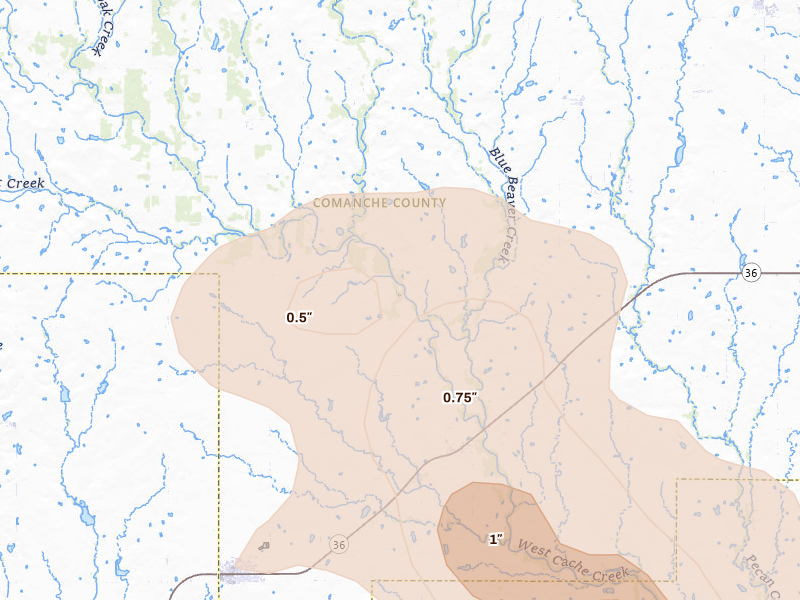 Radar-estimated hail-size map of the storm over Faxon, OK on Jun 11, 2026