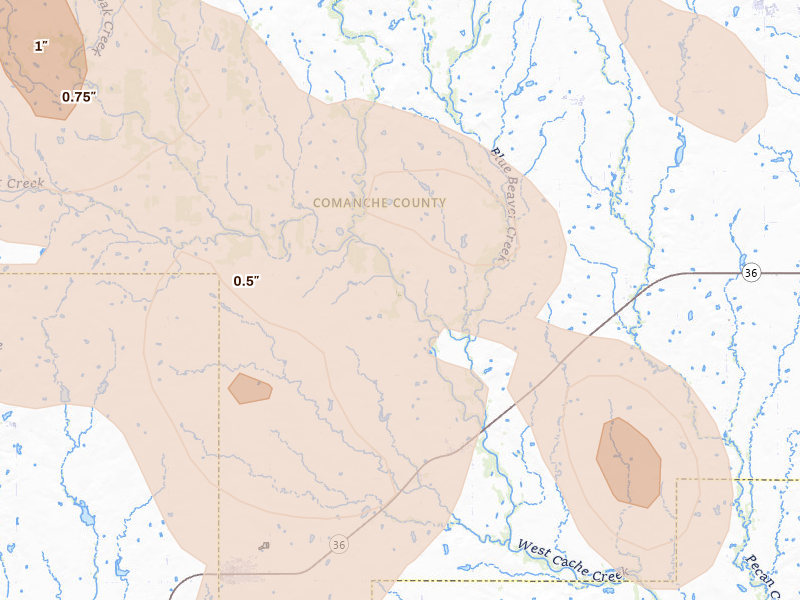 Radar-estimated hail-size map of the storm over Faxon, OK on Jun 18, 2026