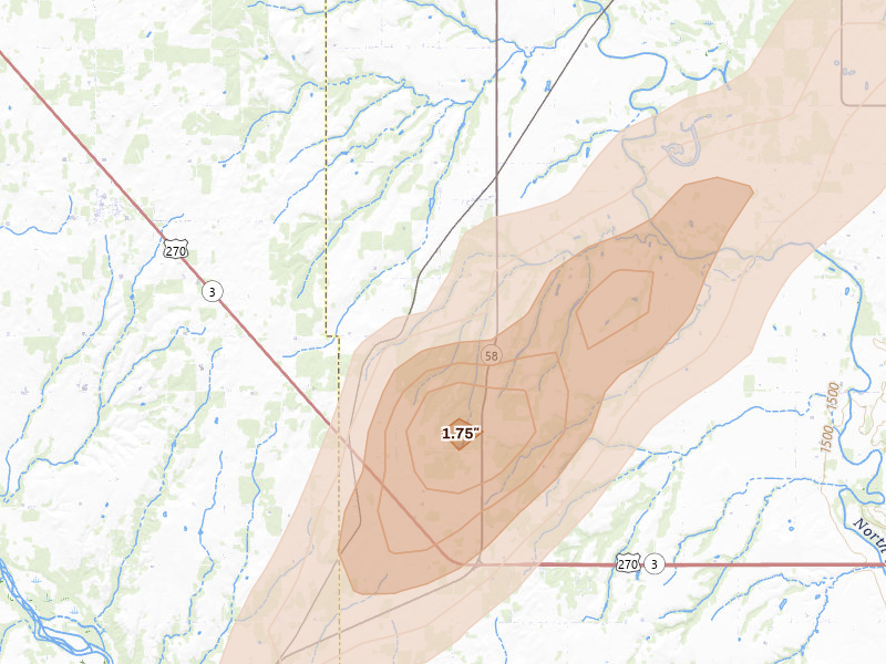 Radar-estimated hail-size map of the storm over Fay, OK on Apr 1, 2026