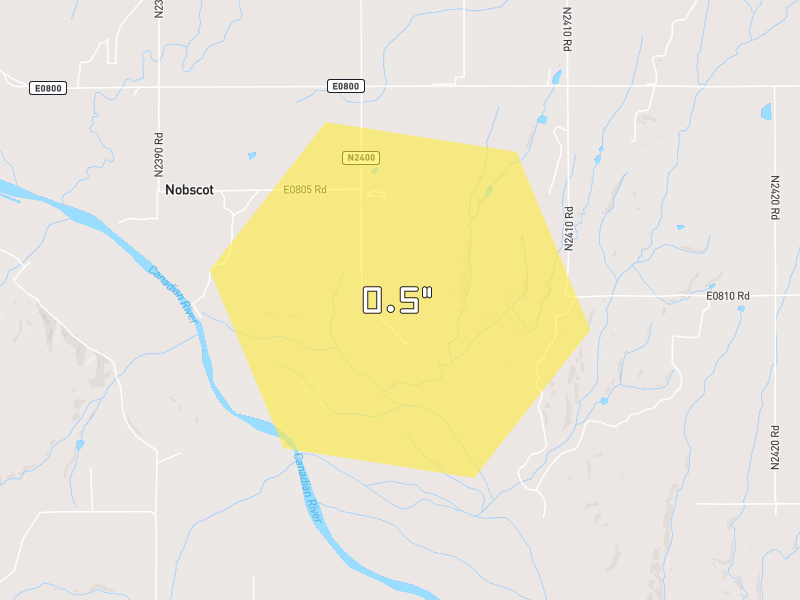Hail map of Fay, OK on Jun 26, 2026, hail up to 0.5"