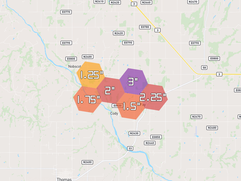 Hail map of Fay, OK on Jun 27, 2026, hail up to 3"