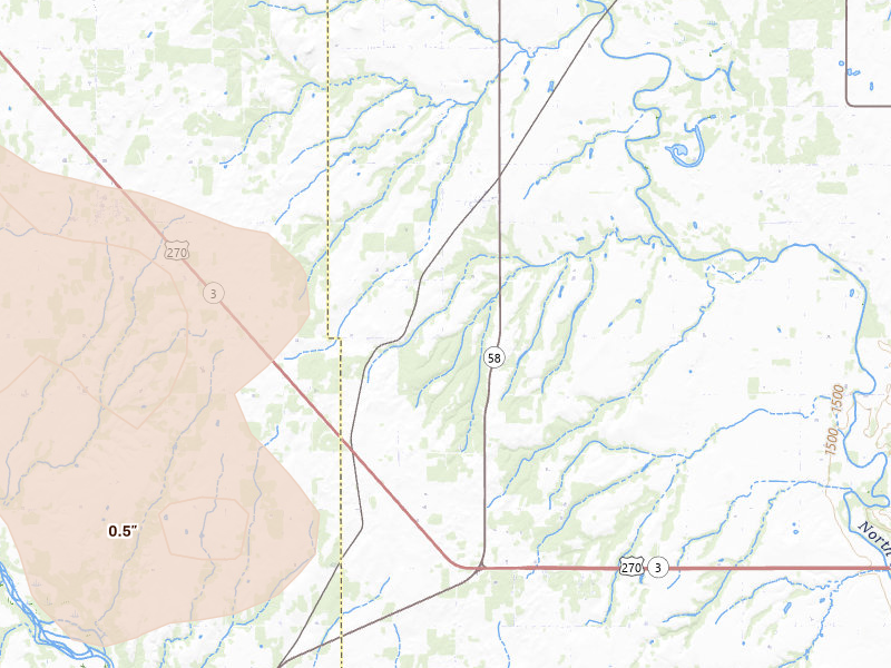 Radar-estimated hail-size map of the storm over Fay, OK on Jul 4, 2026