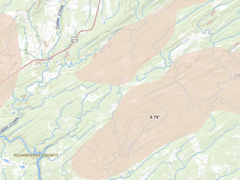Radar-estimated hail-size map of the storm over Finley, OK on Mar 9, 2026