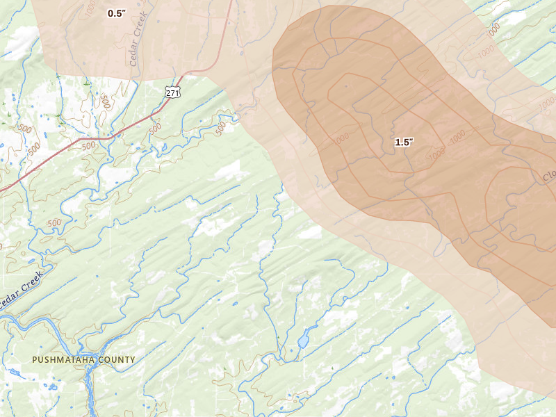 Radar-estimated hail-size map of the storm over Finley, OK on Apr 24, 2026