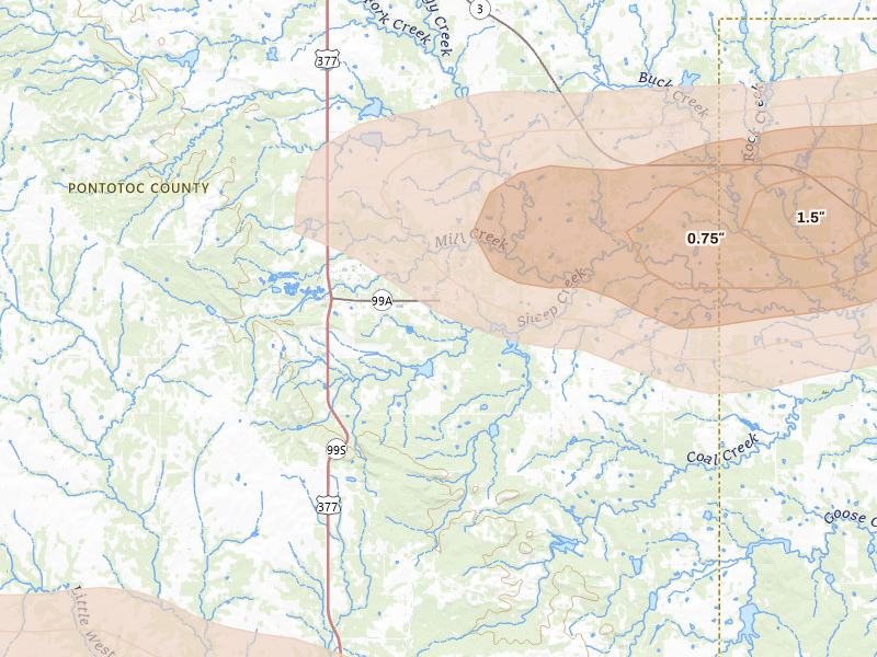Radar-estimated hail-size map of the storm over Fittstown, OK on Apr 24, 2026