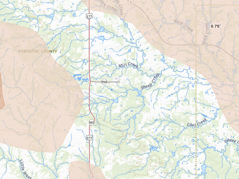 Radar-estimated hail-size map of the storm over Fittstown, OK on Apr 25, 2026