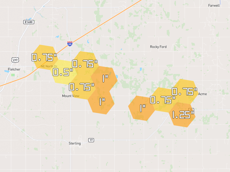 Hail map of Fletcher, OK on Jul 5, 2026, hail up to 1.25"