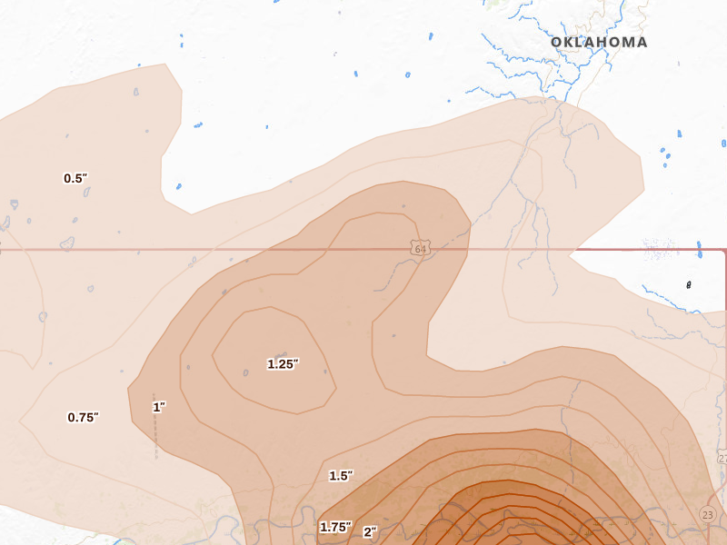 Radar-estimated hail-size map of the storm over Forgan, OK on Jun 25, 2026