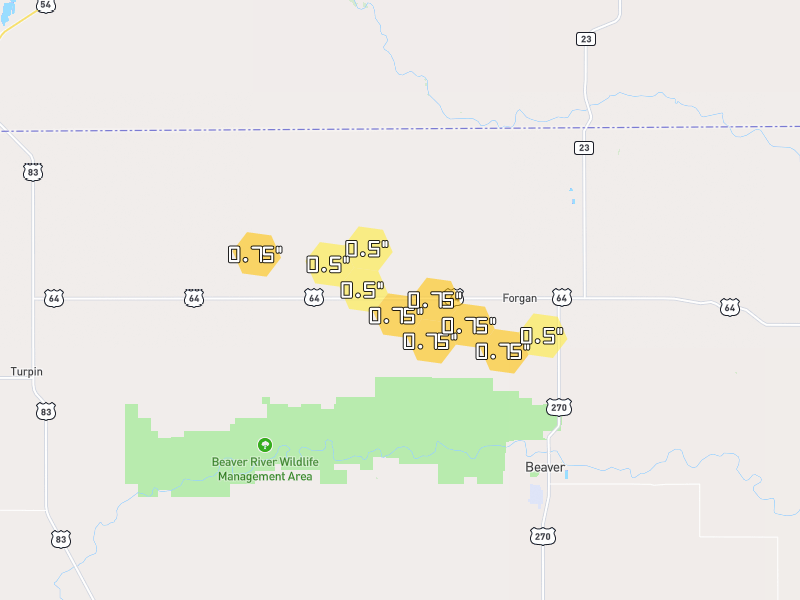 Hail map of Forgan, OK on Jul 3, 2026, hail up to 0.75"