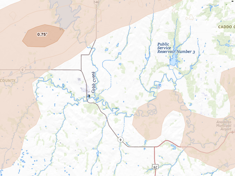 Radar-estimated hail-size map of the storm over Fort Cobb, OK on Apr 3, 2026