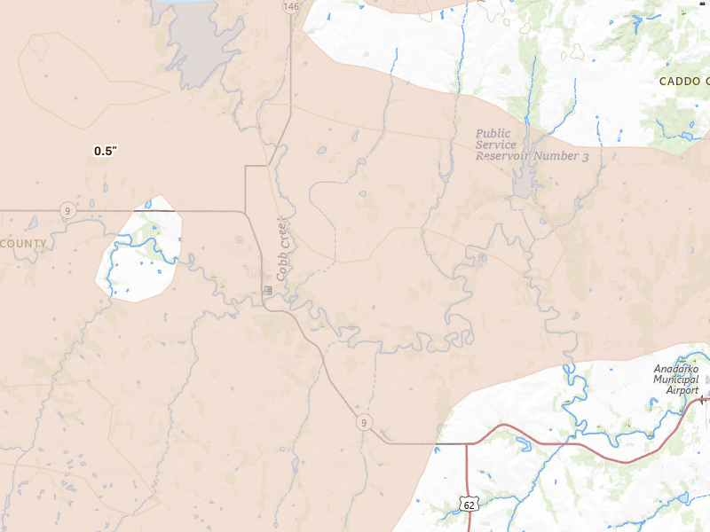 Radar-estimated hail-size map of the storm over Fort Cobb, OK on May 9, 2026