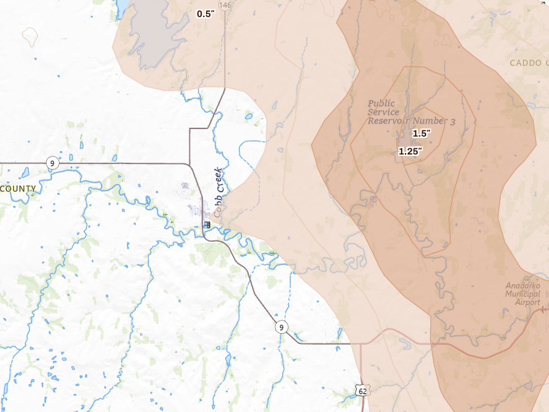 Radar-estimated hail-size map of the storm over Fort Cobb, OK on Jun 11, 2026