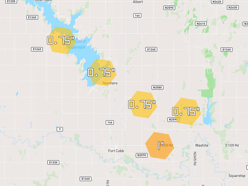 Hail map of Fort Cobb, OK on Jul 5, 2026, hail up to 1"