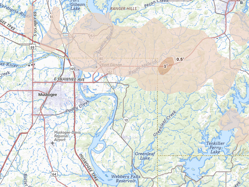 Radar-estimated hail-size map of the storm over Fort Gibson, OK on Apr 23, 2026