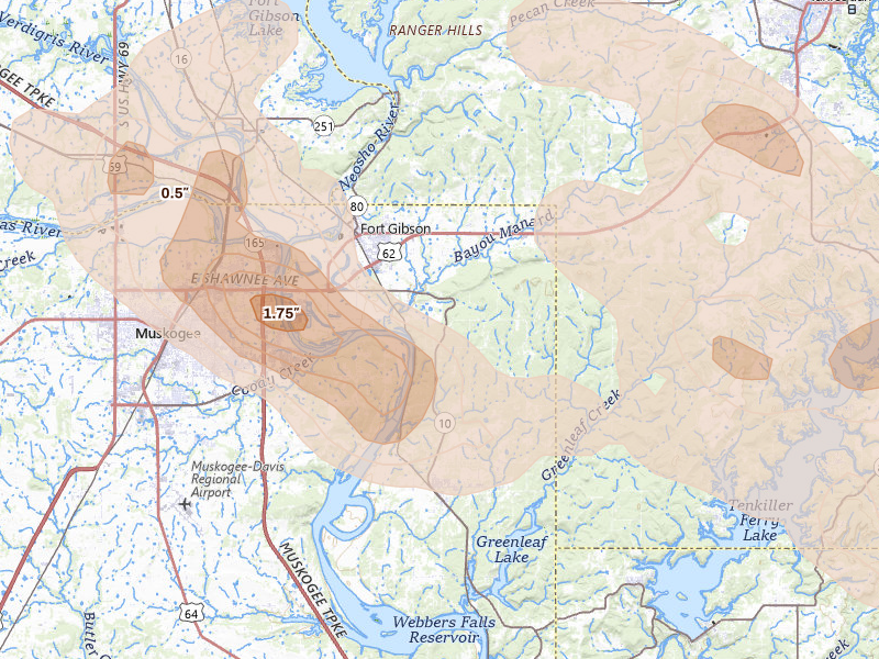 Radar-estimated hail-size map of the storm over Fort Gibson, OK on May 8, 2026