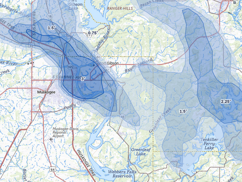 NEXRAD radar-signature map of the hail storm over Fort Gibson, OK on May 8, 2026