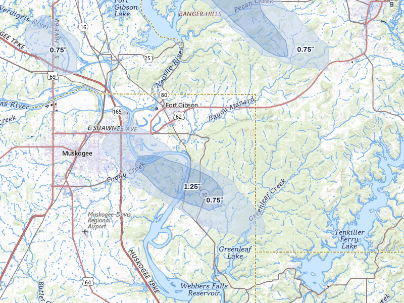 NEXRAD radar-signature map of the hail storm over Fort Gibson, OK on Jun 1, 2026