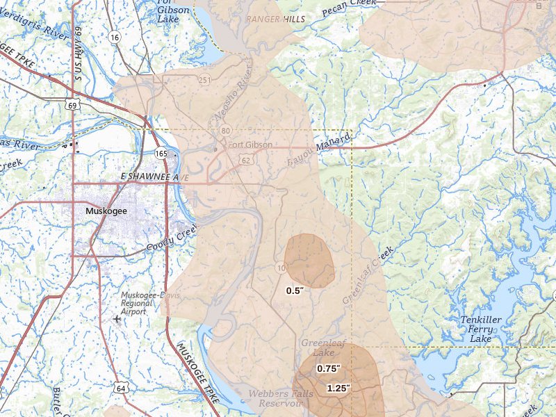 Radar-estimated hail-size map of the storm over Fort Gibson, OK on Jun 11, 2026
