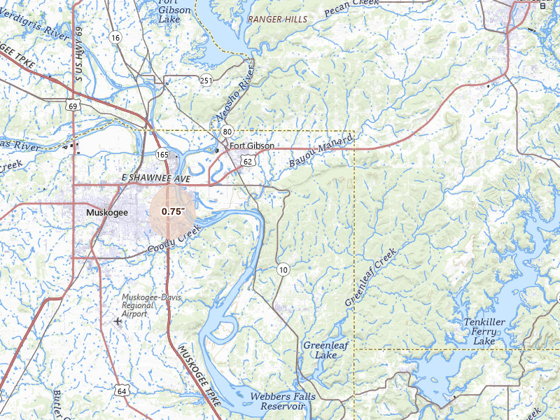 Radar-estimated hail-size map of the storm over Fort Gibson, OK on Jul 29, 2026