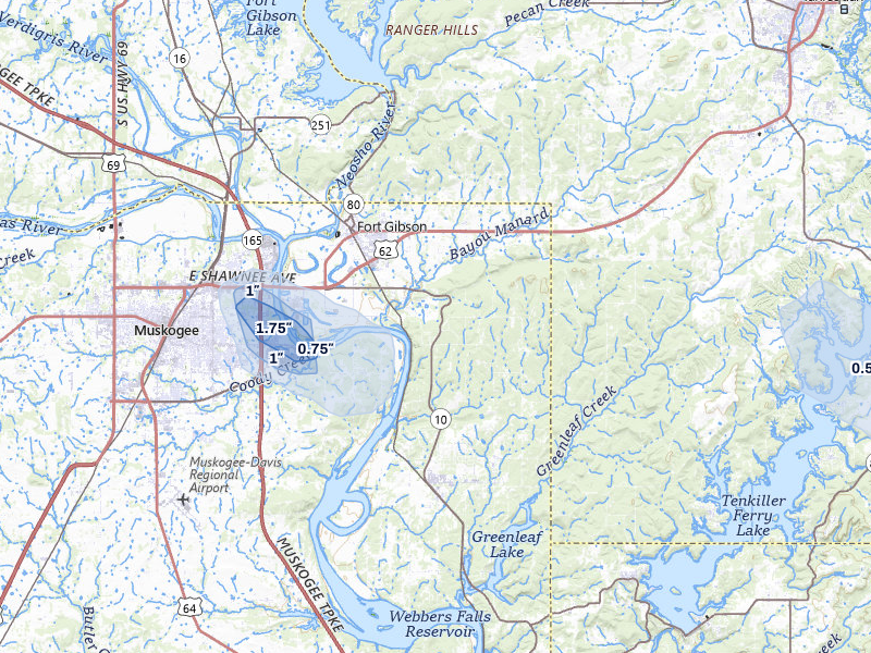 NEXRAD radar-signature map of the hail storm over Fort Gibson, OK on Jul 29, 2026