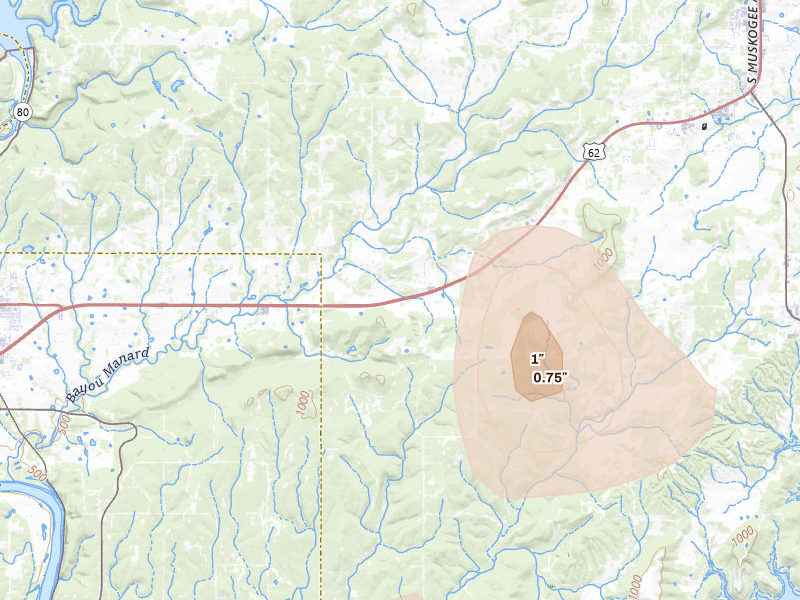 Radar-estimated hail-size map of the storm over Fort Gibson, OK on Aug 26, 2026