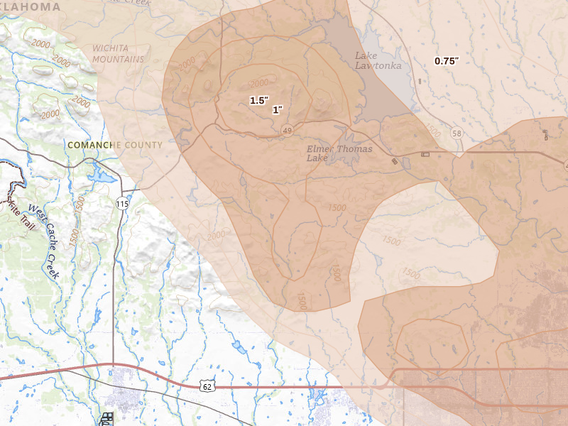 Radar-estimated hail-size map of the storm over Fort Sill, OK on Jun 11, 2026